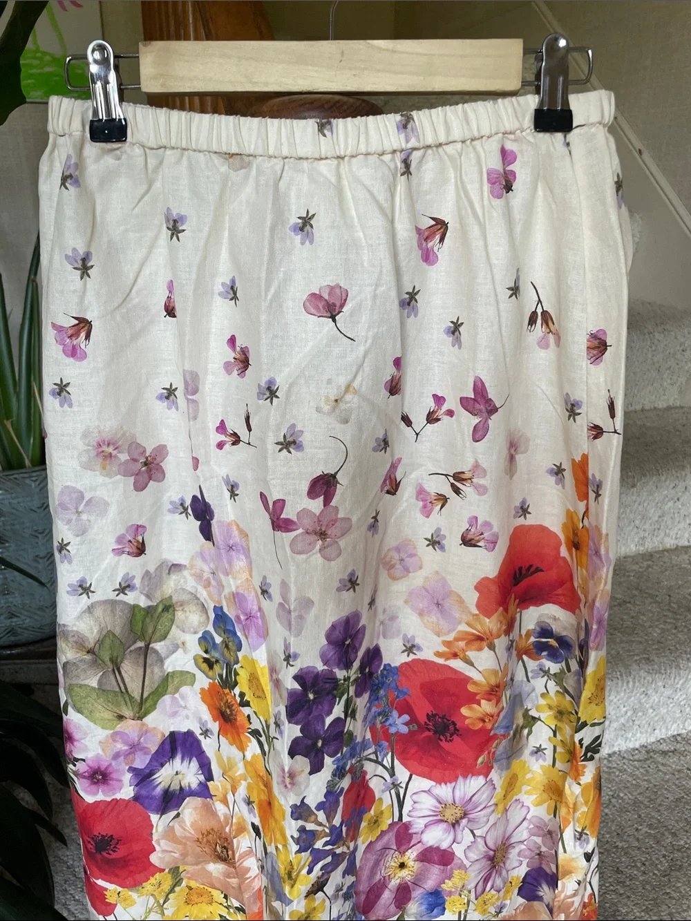 H&M Floral Linen Maxi Skirt in Cream with Multicolor Bloom Print